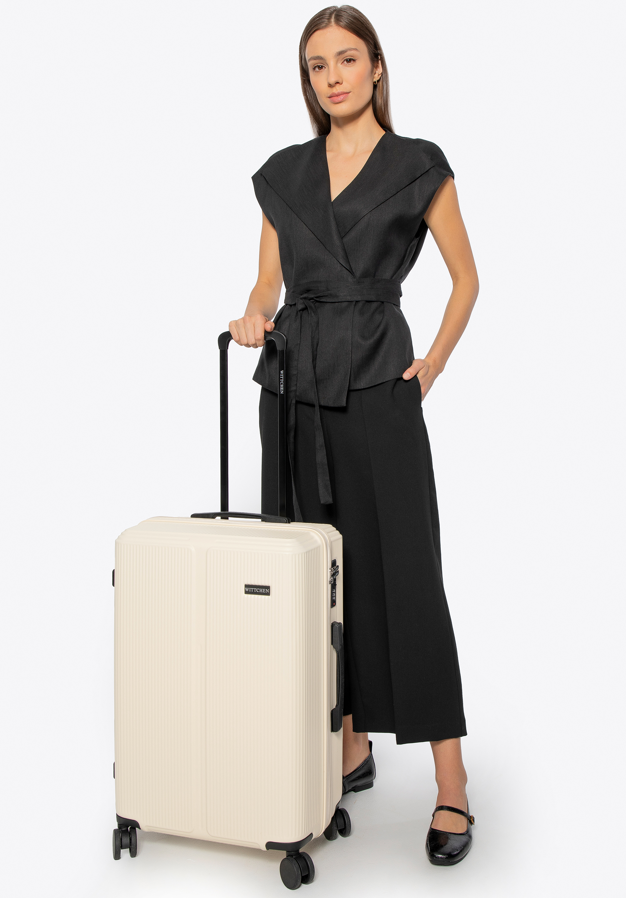 Середня валіза з ABS з дрібними смужками, кремовий, 56-3A-602-89, Фото 1