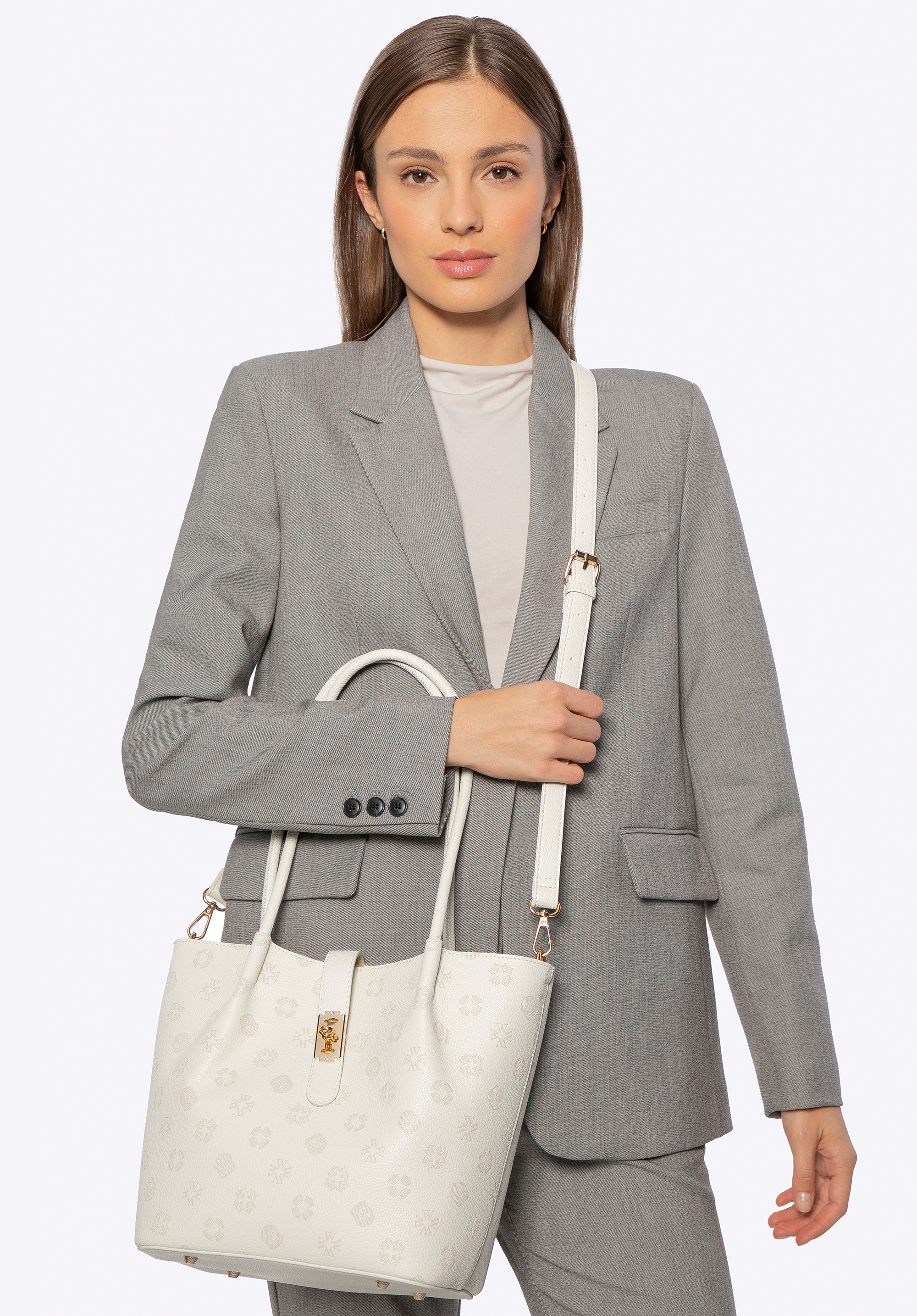 Велика жіноча сумка з екошкіри з тисненням монограми, кремовий, 101-4Y-P01-0, Фото 1