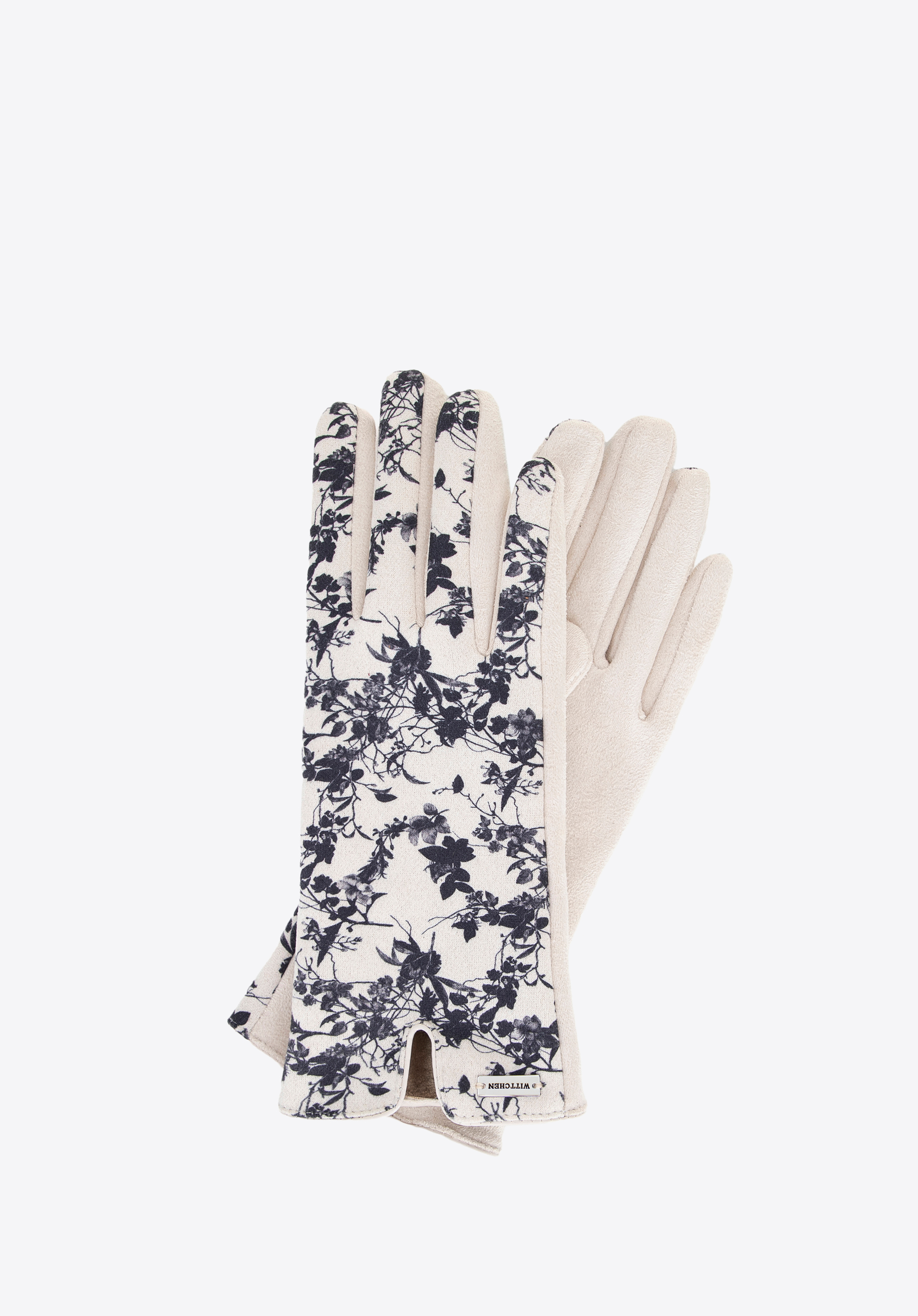 Жіночі рукавички з квітковим візерунком, кремово-чорний, 39-6P-042-Y-M_L, Фото 1