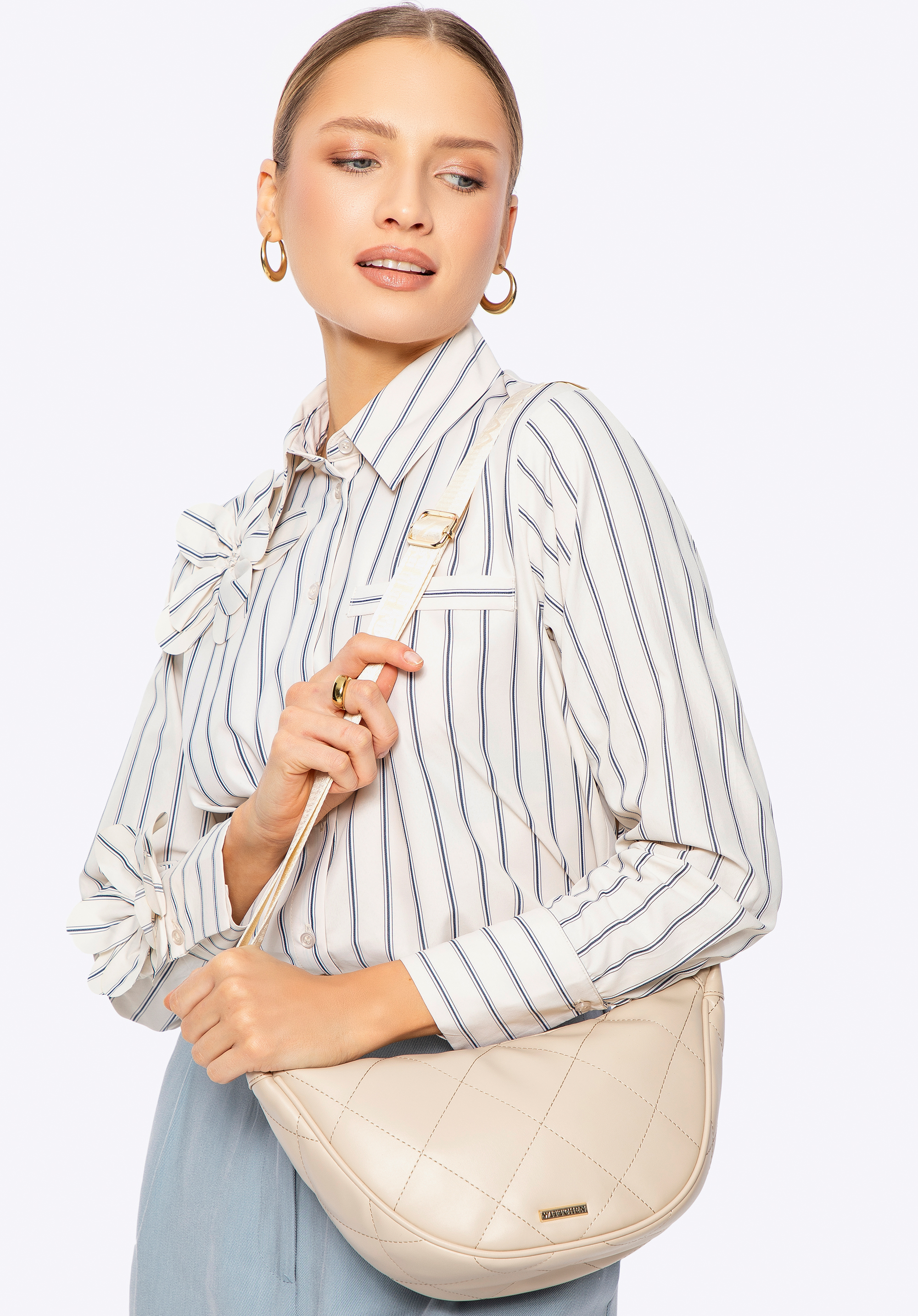 Women’s baguette bag with geometric stitching, krémovo-zlatá, 100-4Y-422-9G, Obrázok 1