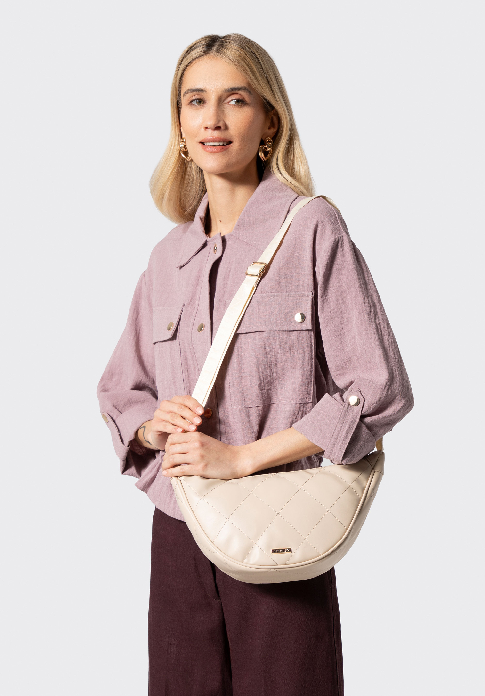 Women’s baguette bag with geometric stitching, krémovo-zlatá, 100-4Y-422-9G, Obrázok 1