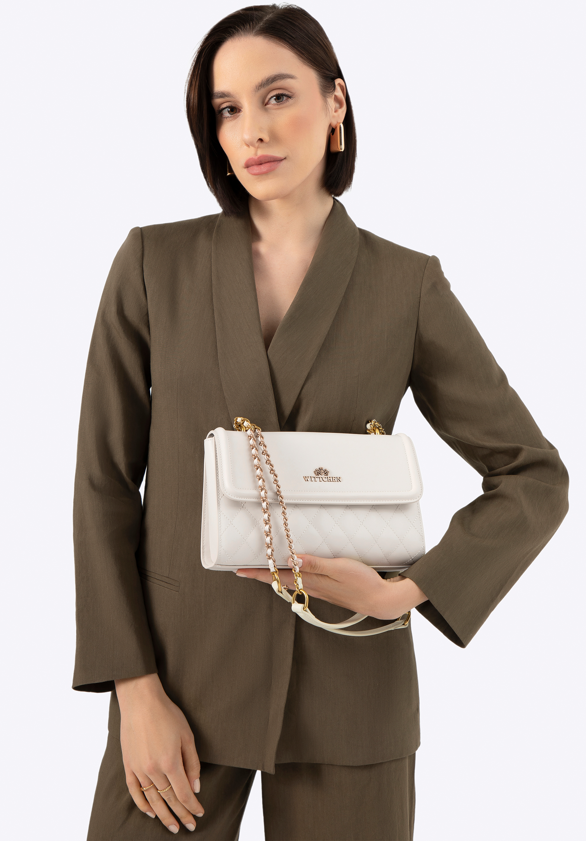 Жіноча стьобана сумка через плече з натуральної шкіри, кремово-золотий, 100-4E-205-3, Фото 1