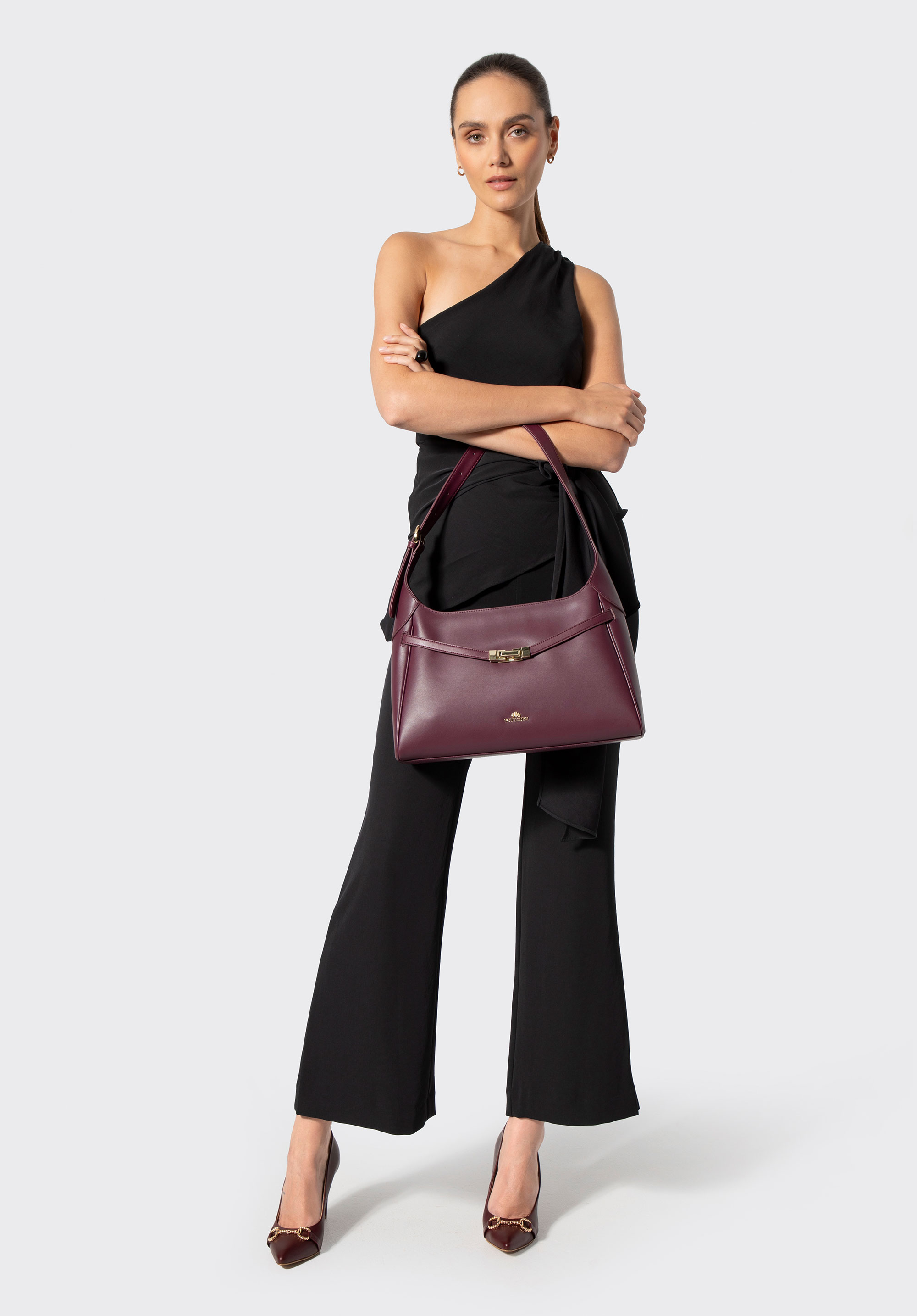 Damen-Schultertasche aus Leder mit dekorativem Riemen, pflaumenlila, 103-4E-201-V, Bild 1