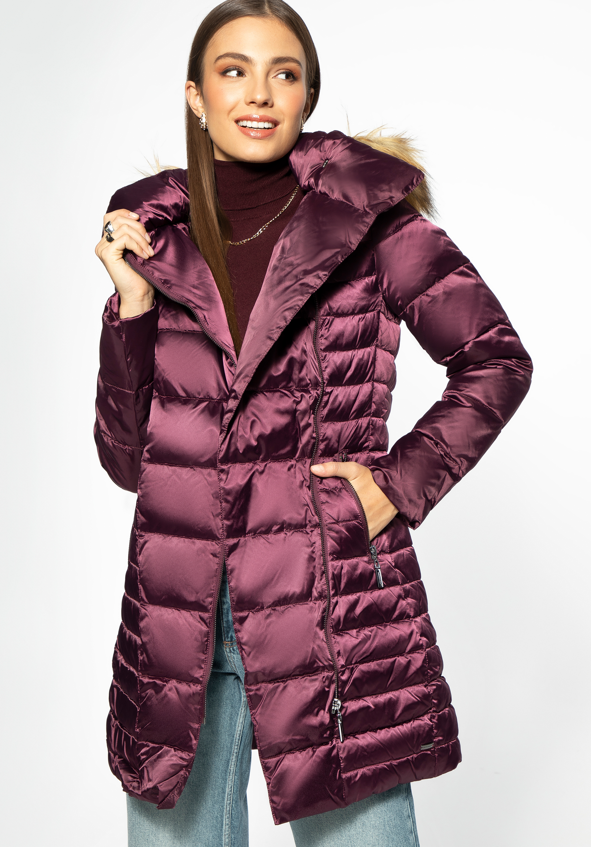 Daunenmantel für Damen mit asymmetrischem Verschluss, lila, 95-9D-403-P-M, Bild 1