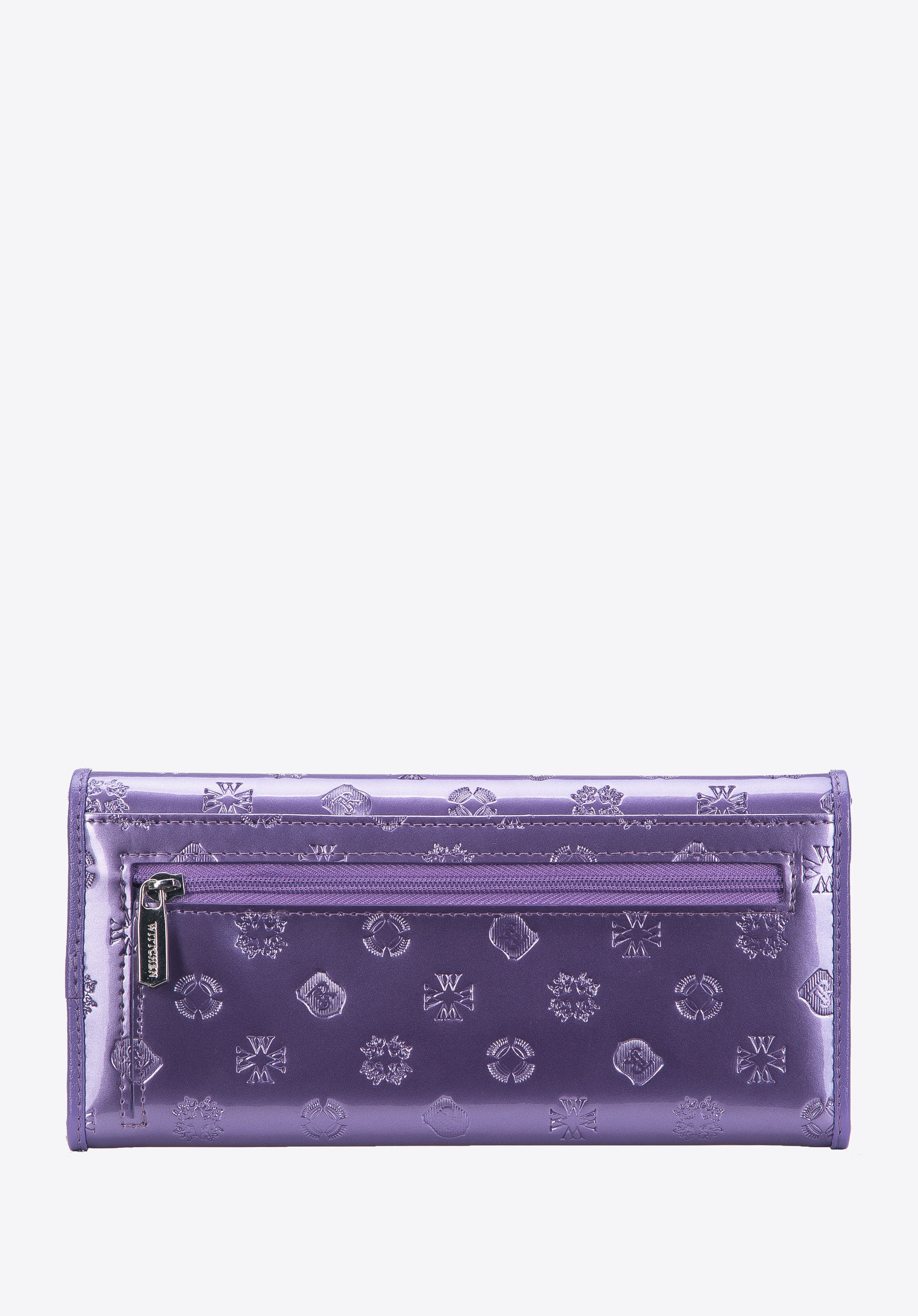 Női pénztárca, monogrammal dombornyomott lakkozott bőrből, lila, 34-1-413-FF, Fénykép 1