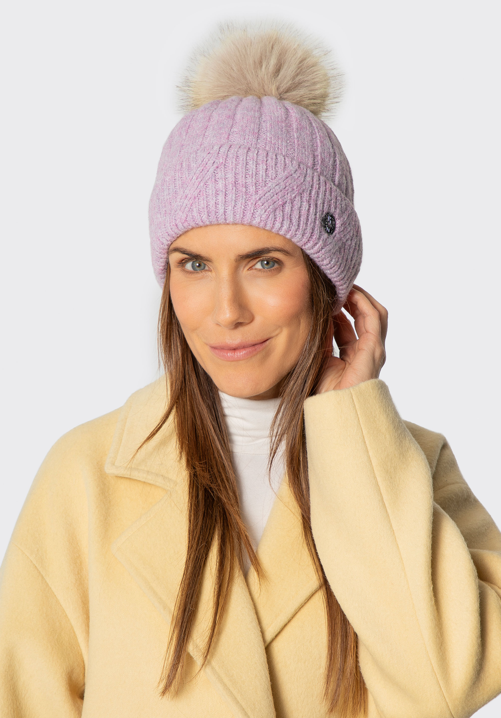 Női téli pom-pom sapka, lila, 101-HF-205-V, Fénykép 1