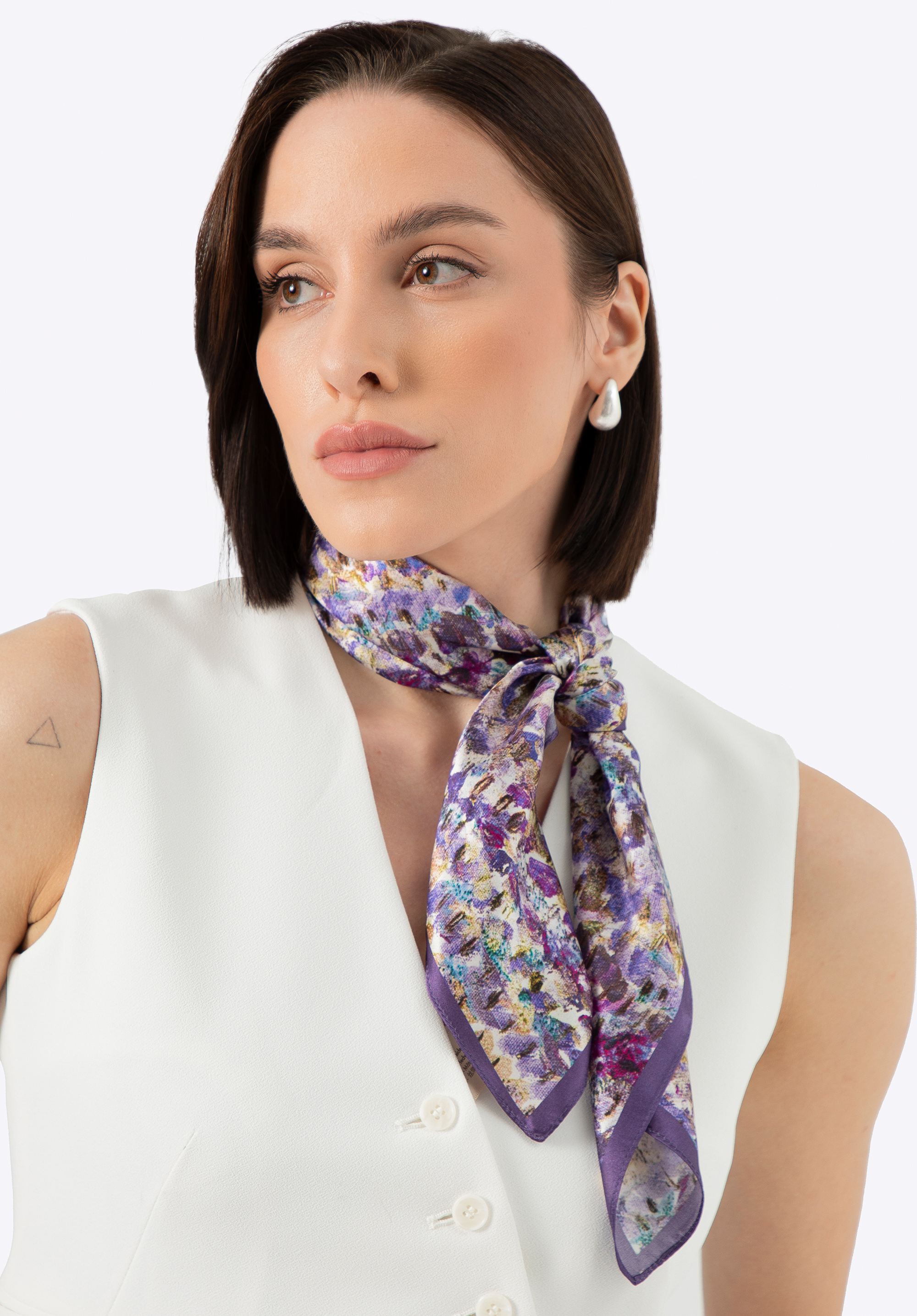 Absztrakt mintás női selyemsál, lila-sárga, 100-7D-S01-X31, Fénykép 1