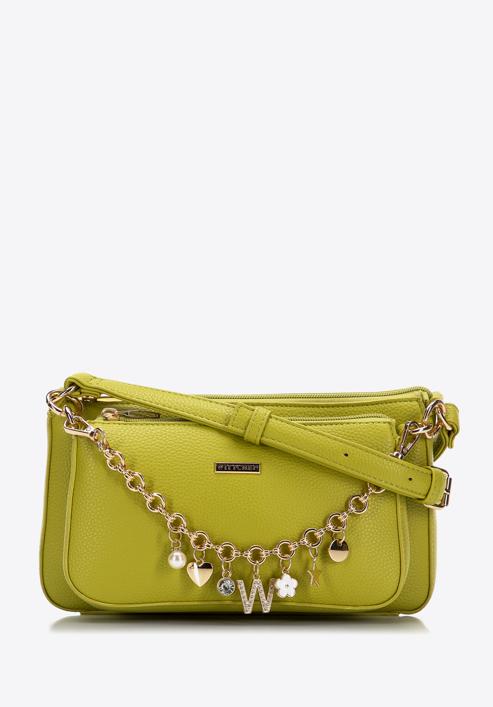 Doppelte Damenhandtasche aus Öko-Leder mit dekorativem Kettenschulterriemen, limonengrün, 98-4Y-508-Y, Bild 2