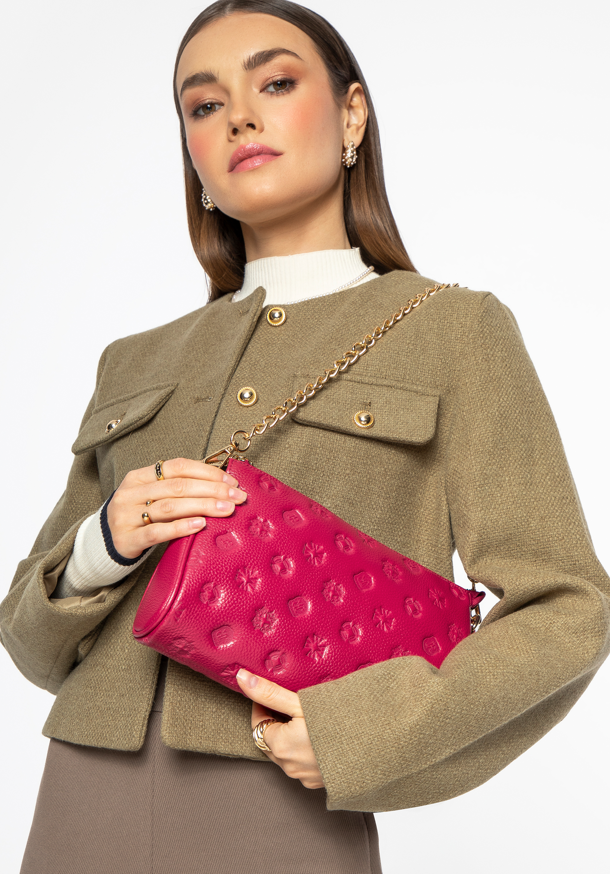 Crossbody kabelka z embosované kůže, malinová, 99-4E-307-33, Obrázek 1