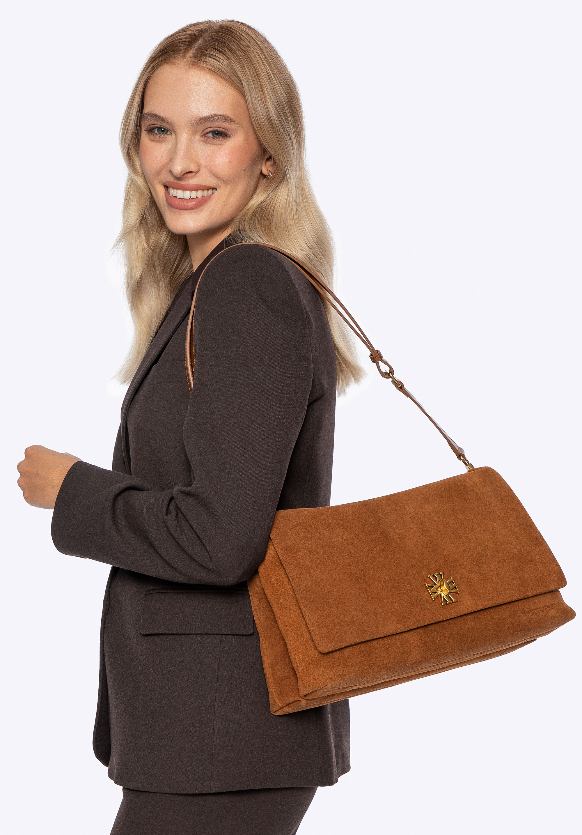 Geantă crossbody din piele întoarsă cu două compartimente, maro deschis, 101-4E-618-5, Fotografie 1
