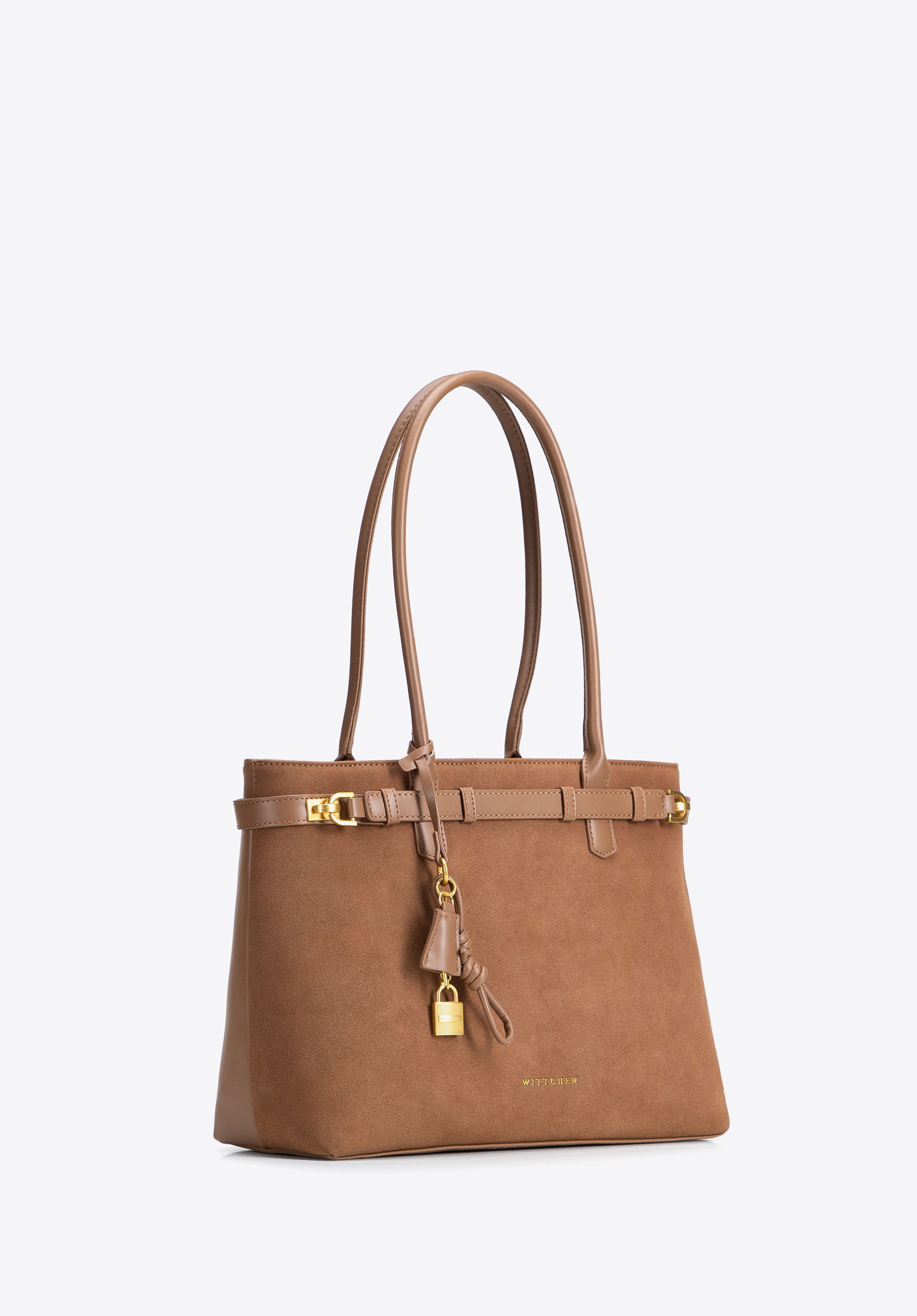 Geantă shopper din suedetă cu farmec decorativ, maro deschis, 104-4Y-508-5, Fotografie 1