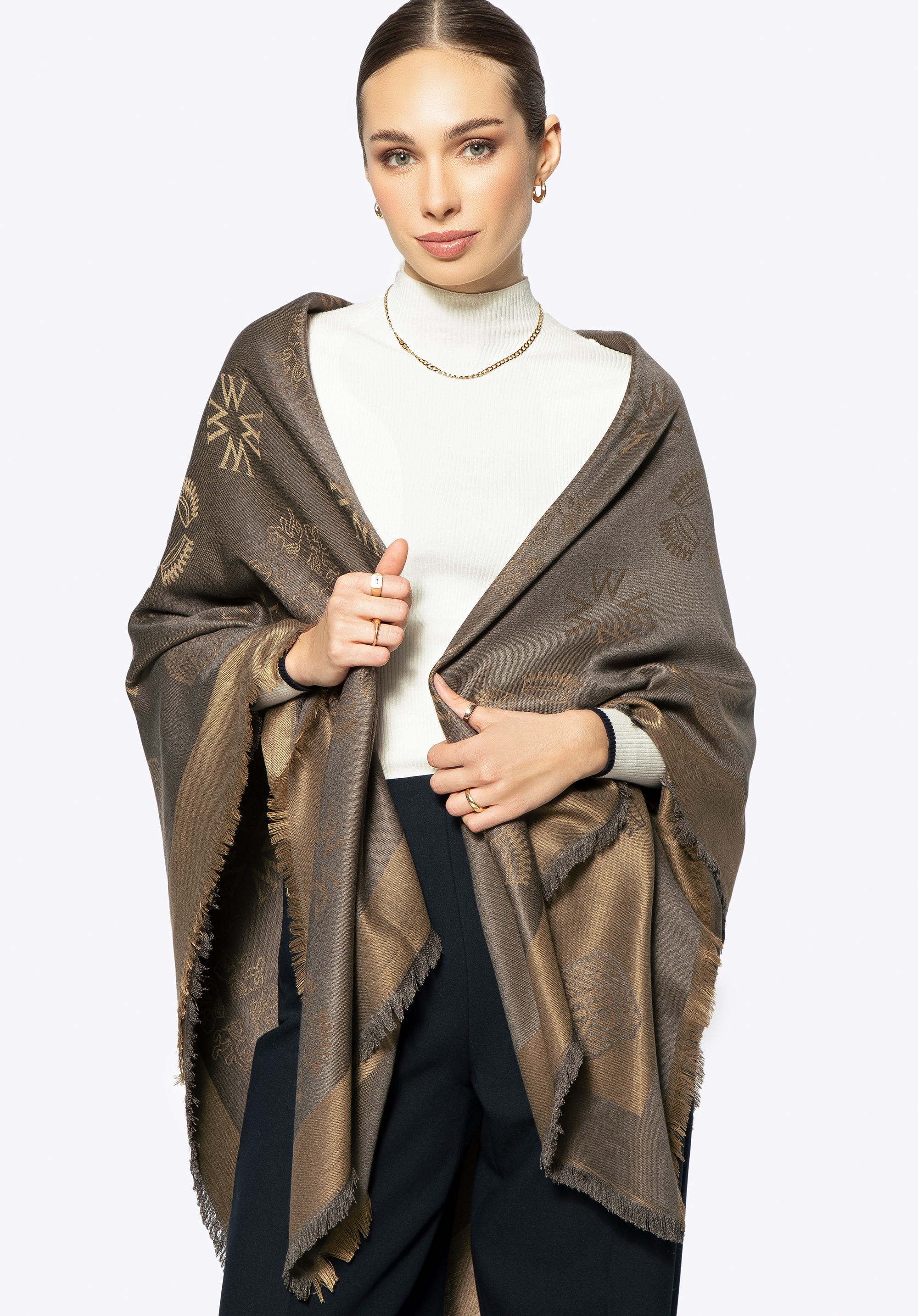 Eșarfă de bambus cu monogramă pentru femei, maro, 99-7D-002-K, Fotografie 1