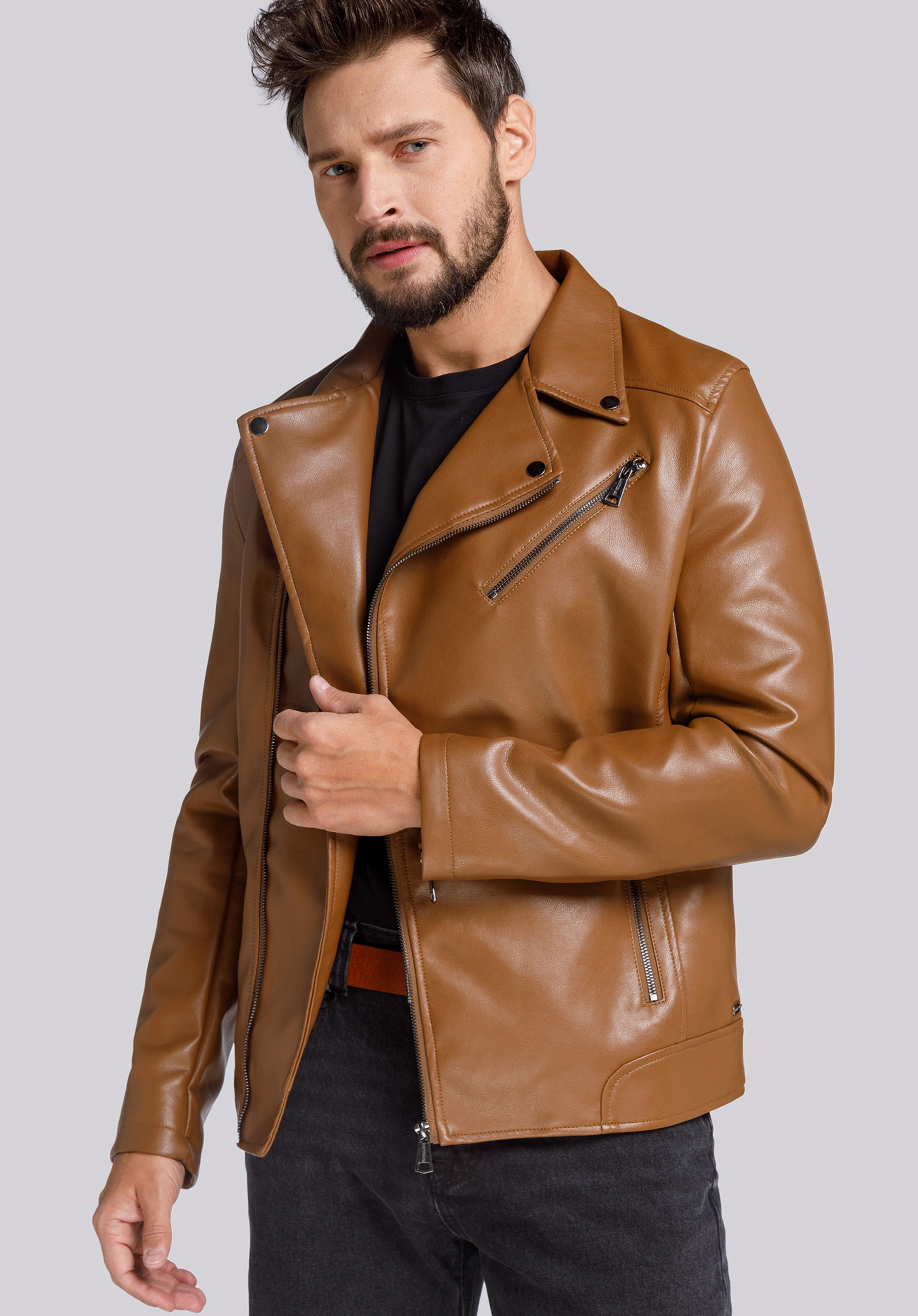 Geacă bărbătească ramones cu fermoar oblic, clasică, maro, 94-9P-150-5-XL, Fotografie 1