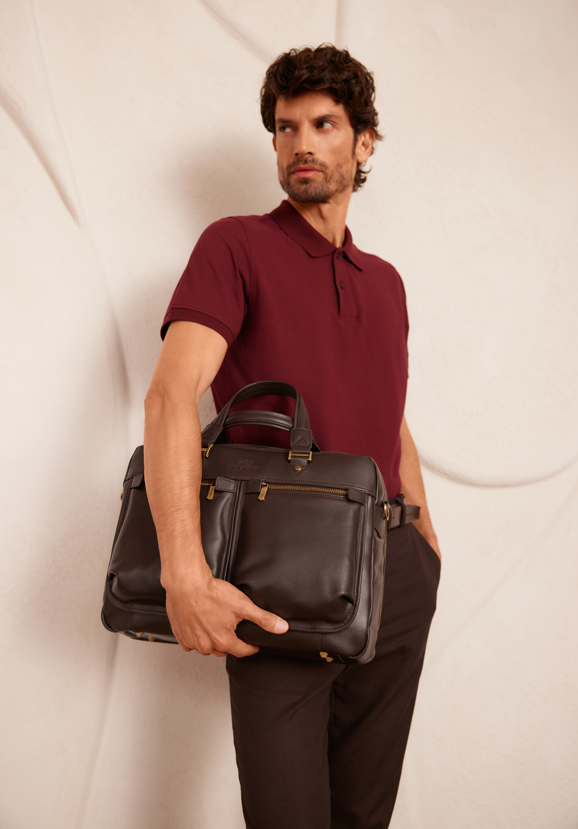 Geantă de laptop bărbătească din piele de 14" cu curea, maro, 103-3U-001-4, Fotografie 1