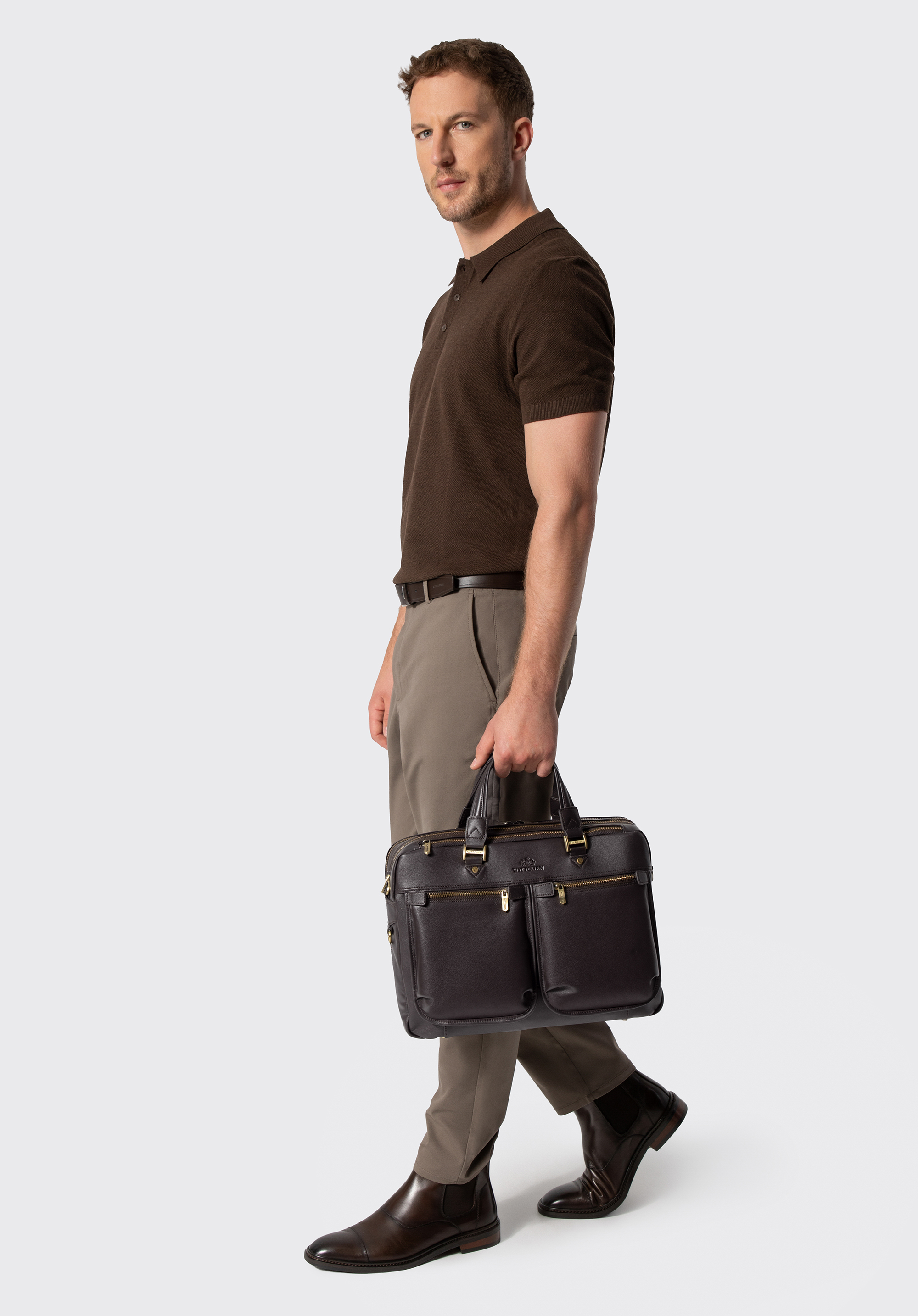 Geantă de laptop bărbătească din piele de 14" cu curea, maro, 103-3U-001-4, Fotografie 1