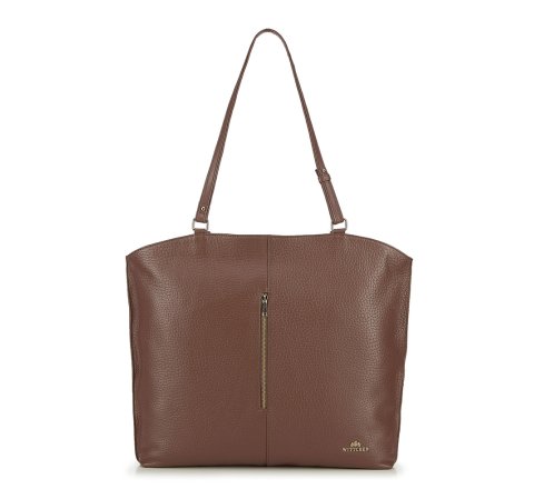 Geantă shopper din piele cu fermoar vertical, maro, 91-4E-315-5, Fotografie 1