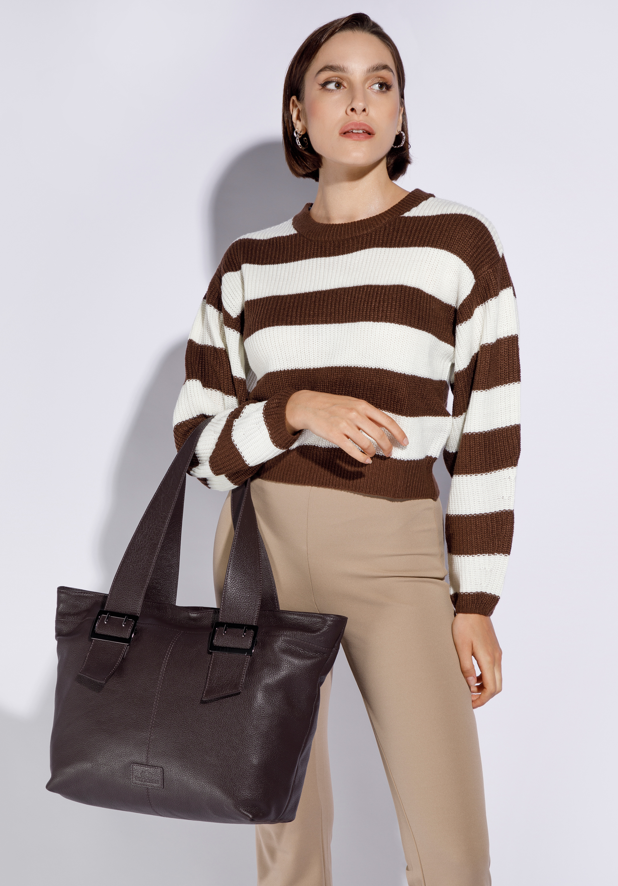 Geantă shopper trapezoidală din piele, maro, 95-4E-014-4, Fotografie 1