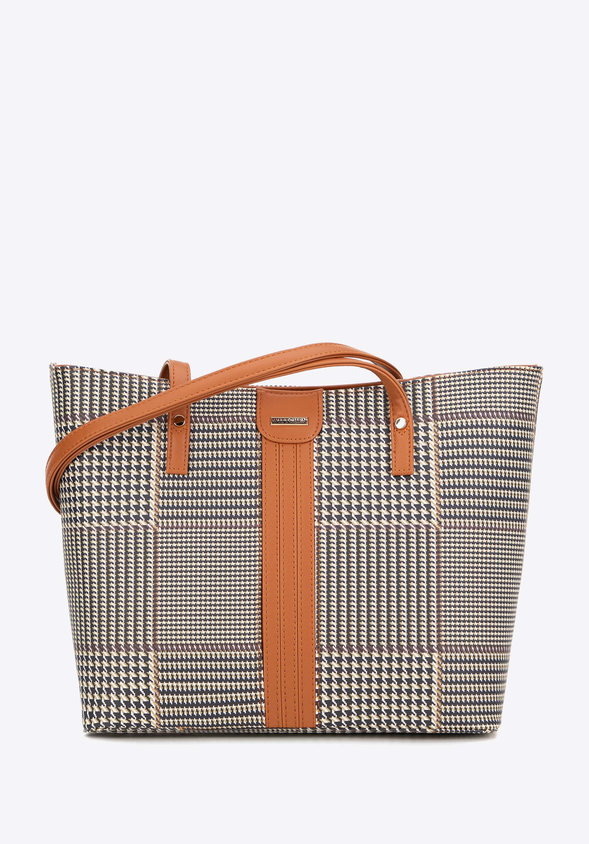 Geantă shopper damă în carouri din piele artificială, maro, 99-4Y-619-5, Fotografie 1