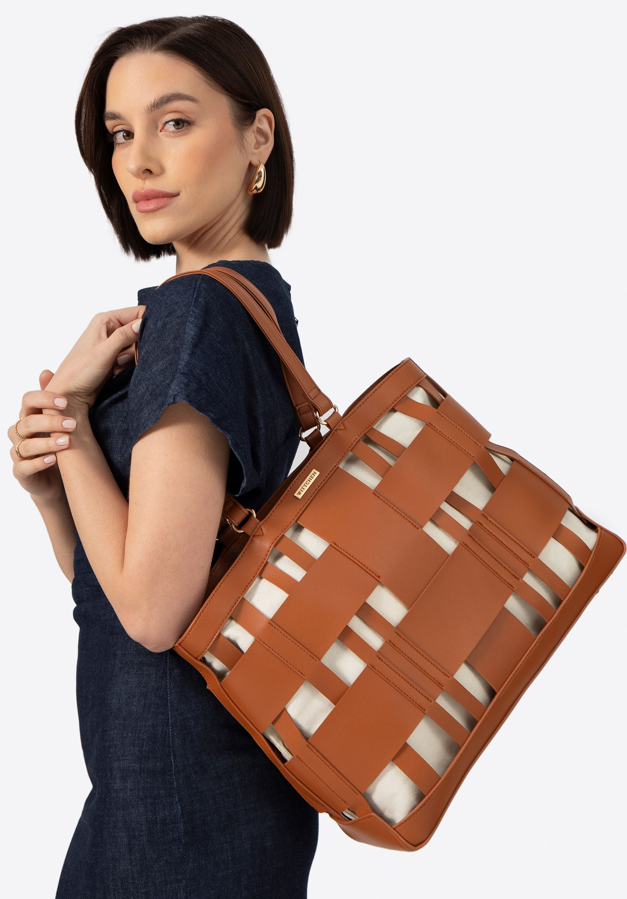 Geantă shopper elegantă din piele artificială, maro, 100-4Y-424-5, Fotografie 1