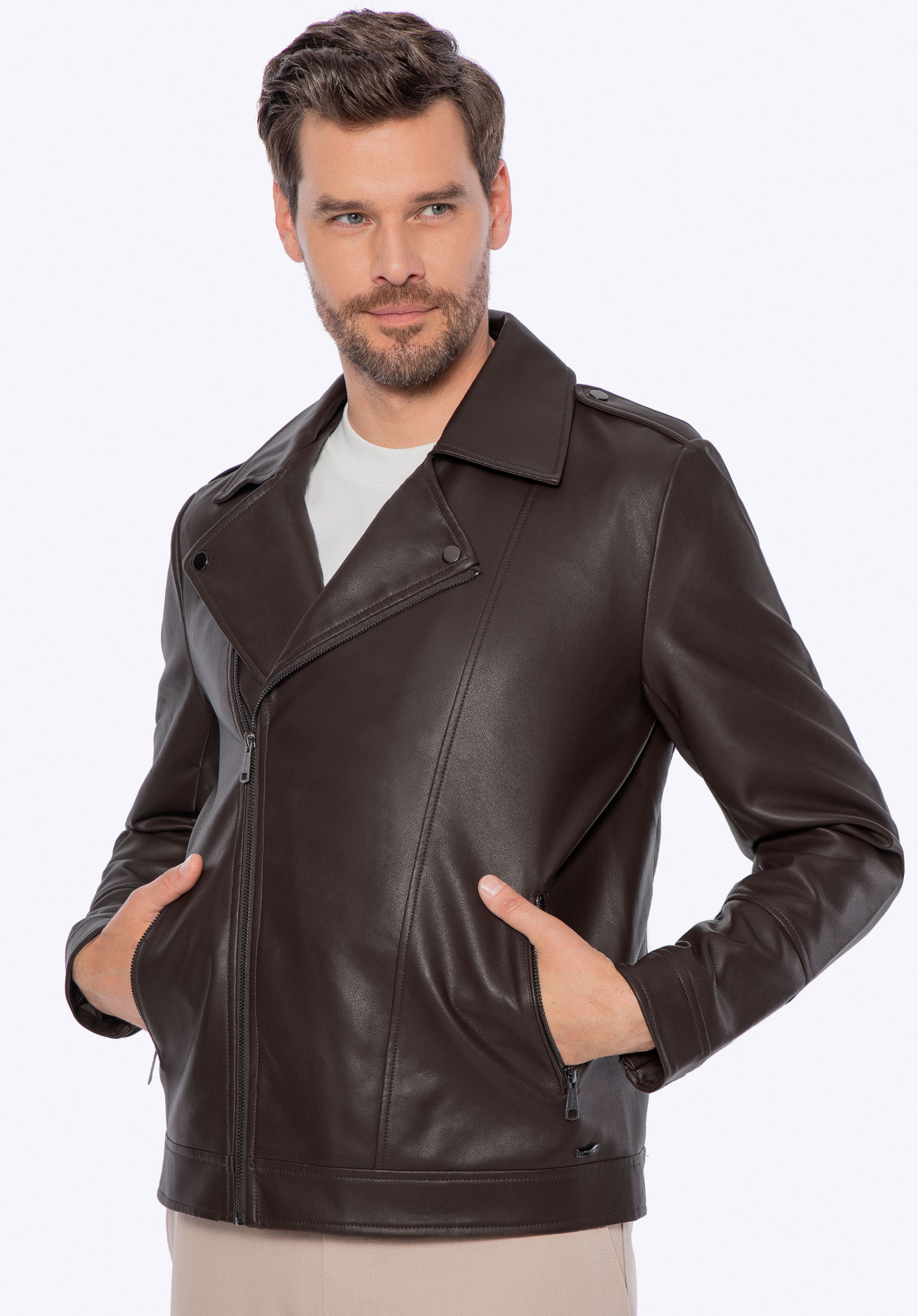 Jachetă bărbătească din piele artificială de motociclist, maro închis, 97-9P-154-4-XL, Fotografie 1