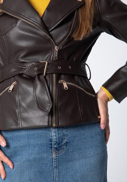 Jachetă biker din piele artificială pentru femei, maro închis, 97-9P-103-3-M, Fotografie 5