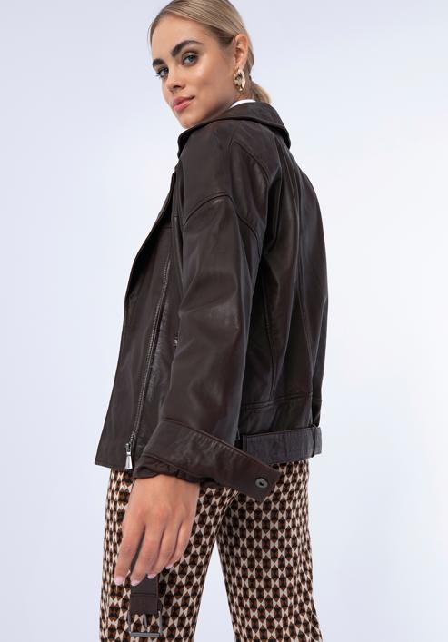 Jachetă biker din piele oversize pentru femei, maro închis, 97-09-201-1-L, Fotografie 17