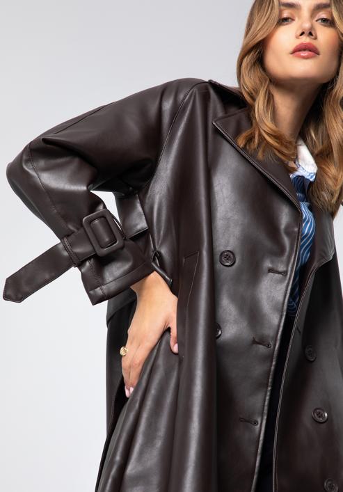 Jachetă de damă din piele artificială cu pieptar dublu pentru femei, maro închis, 97-9P-100-1-XL, Fotografie 6