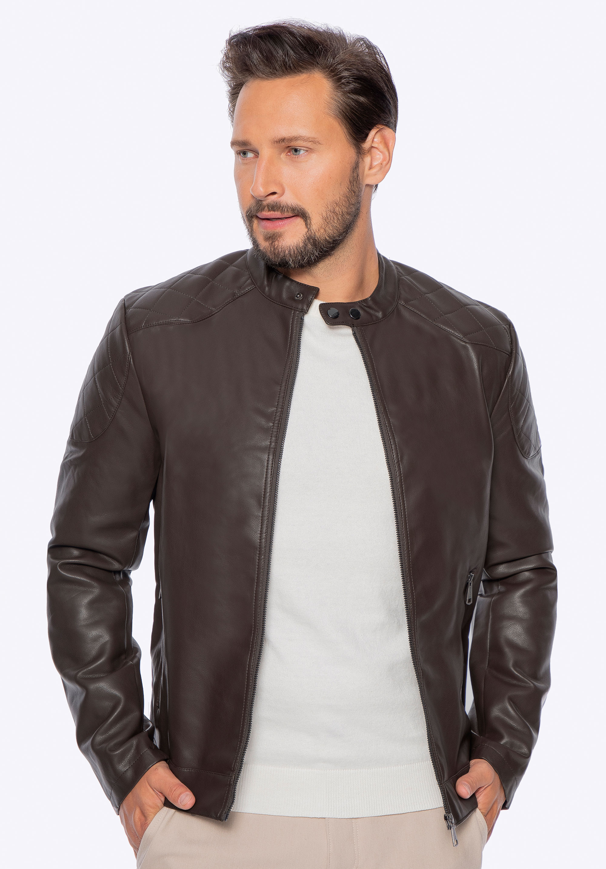 Jachetă din piele artificială pentru bărbați, maro închis, 97-9P-155-4-M, Fotografie 1