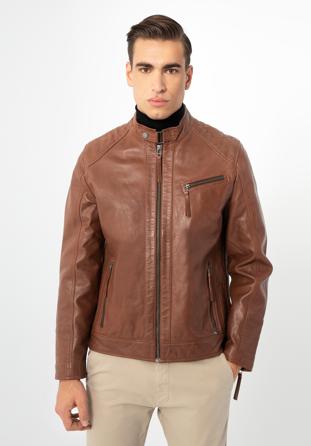 Jachetă din piele pentru bărbați cu cusături verticale și guler înalt