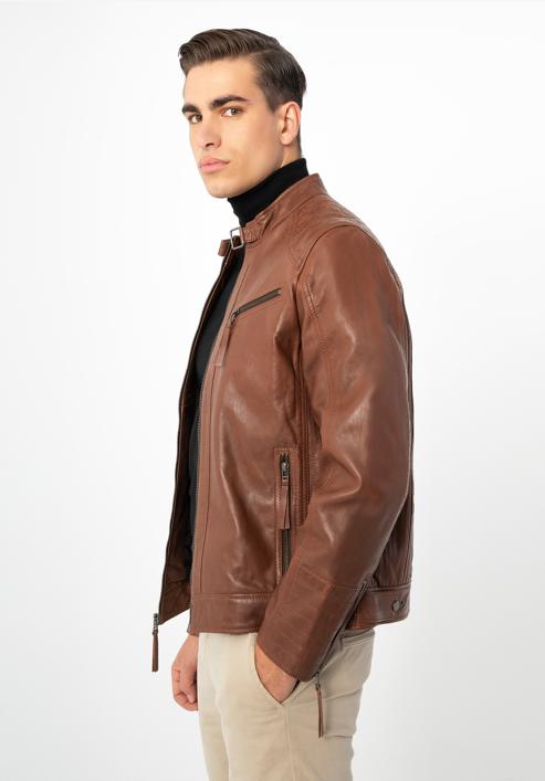 Jachetă din piele pentru bărbați cu cusături verticale și guler înalt, maro închis, 97-09-253-1-2XL, Fotografie 2