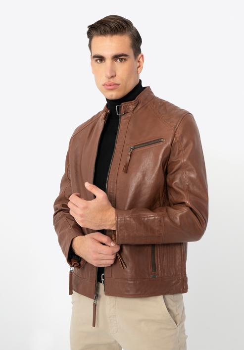 Jachetă din piele pentru bărbați cu cusături verticale și guler înalt, maro închis, 97-09-253-1-L, Fotografie 3