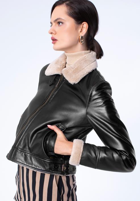 Jachetă din piele pentru femei, căptușită cu blană falsă, maro închis, 97-09-802-1-M, Fotografie 3