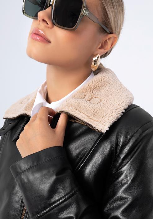 Jachetă din piele pentru femei, căptușită cu blană falsă, maro închis, 97-09-801-5-L, Fotografie 5