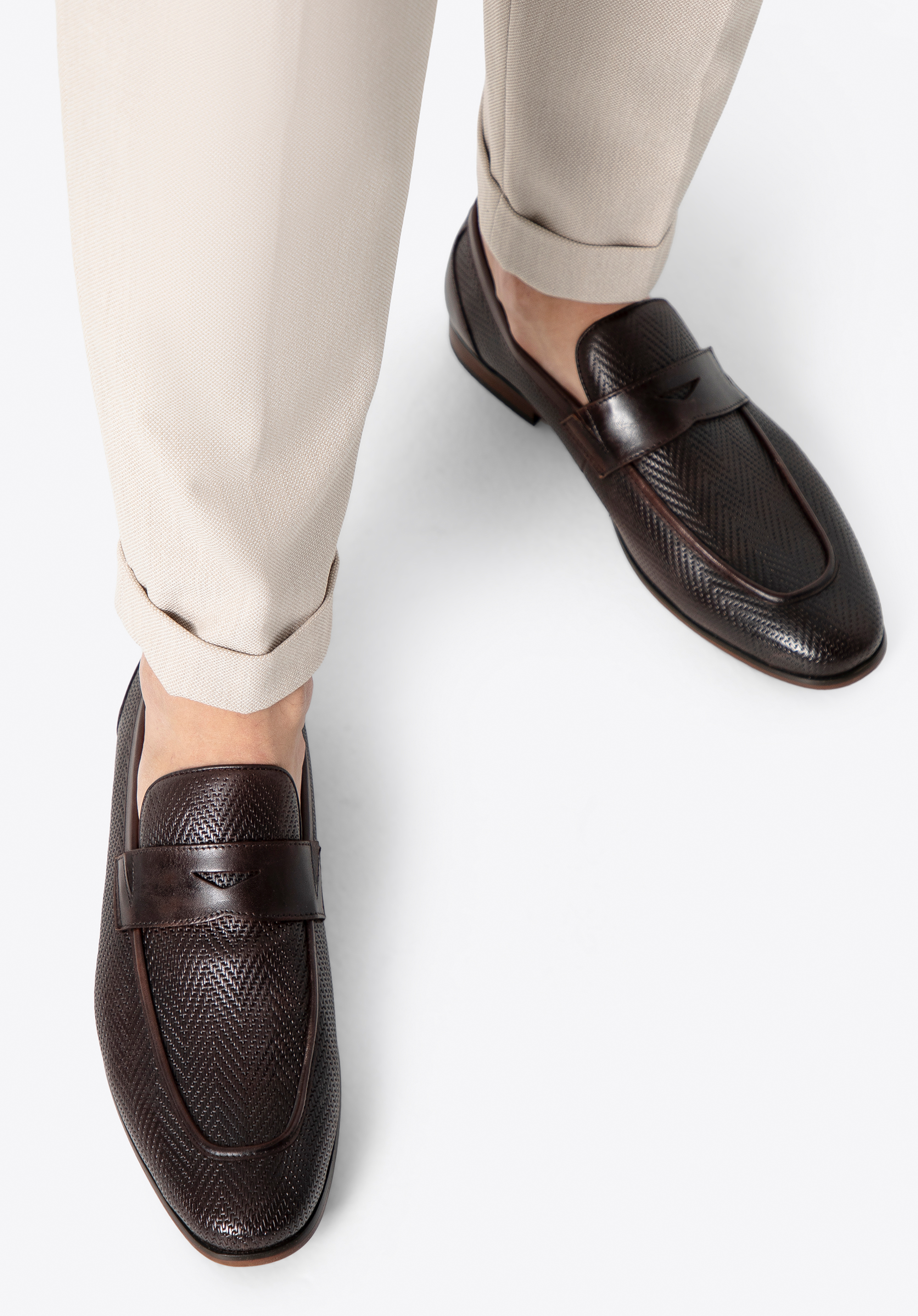 Mocasini bărbătești din piele cu model herringbone integral, maro închis, 100-M-507-4-40, Fotografie 1