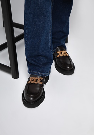 Mocasini din piele cu platformă pentru femei, cu curea decorativă cu lanț, maro închis, 97-D-105-4-38, Fotografie 1