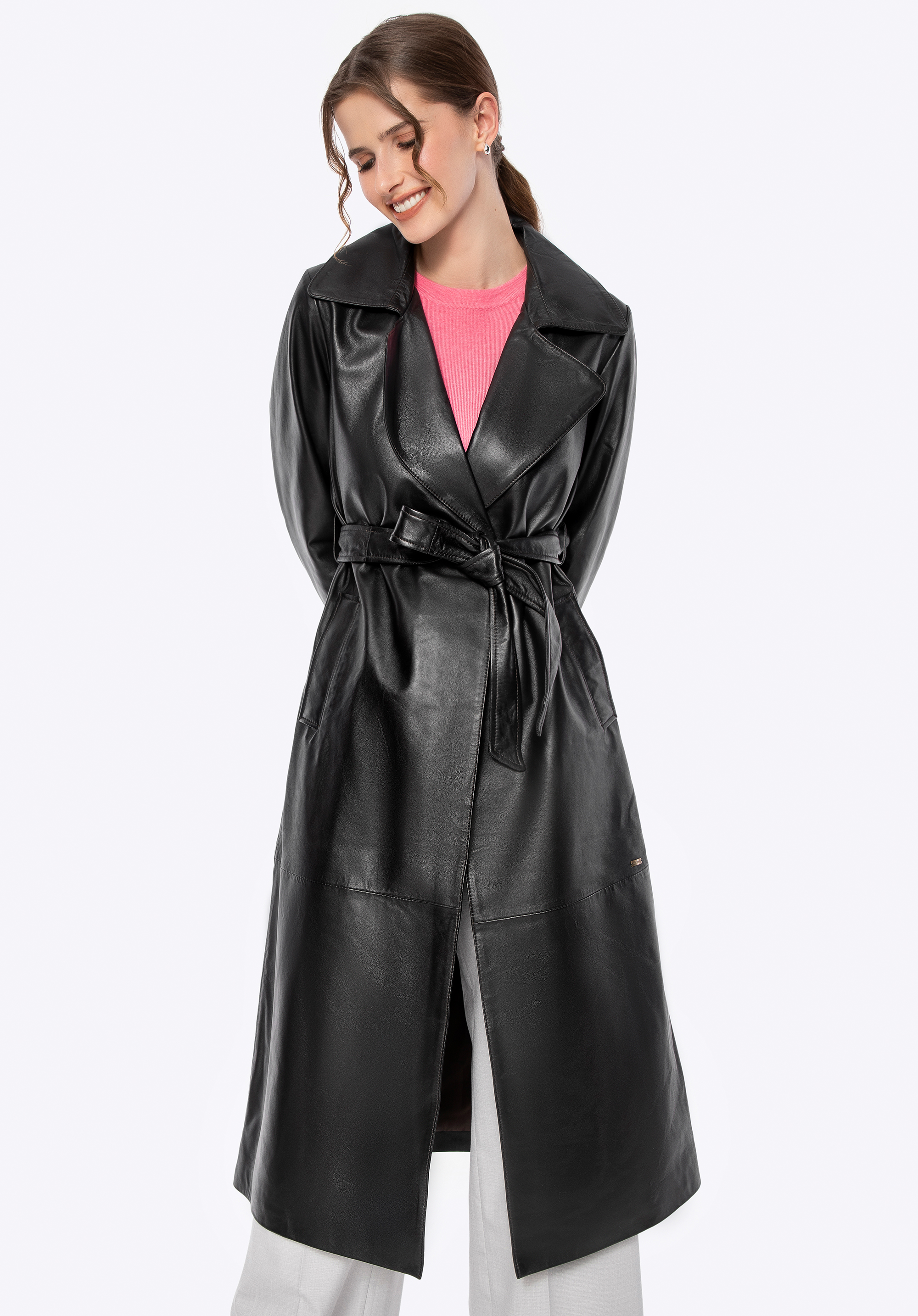 Palton de damă din piele cu curea, maro închis, 100-09-811-0-L, Fotografie 1