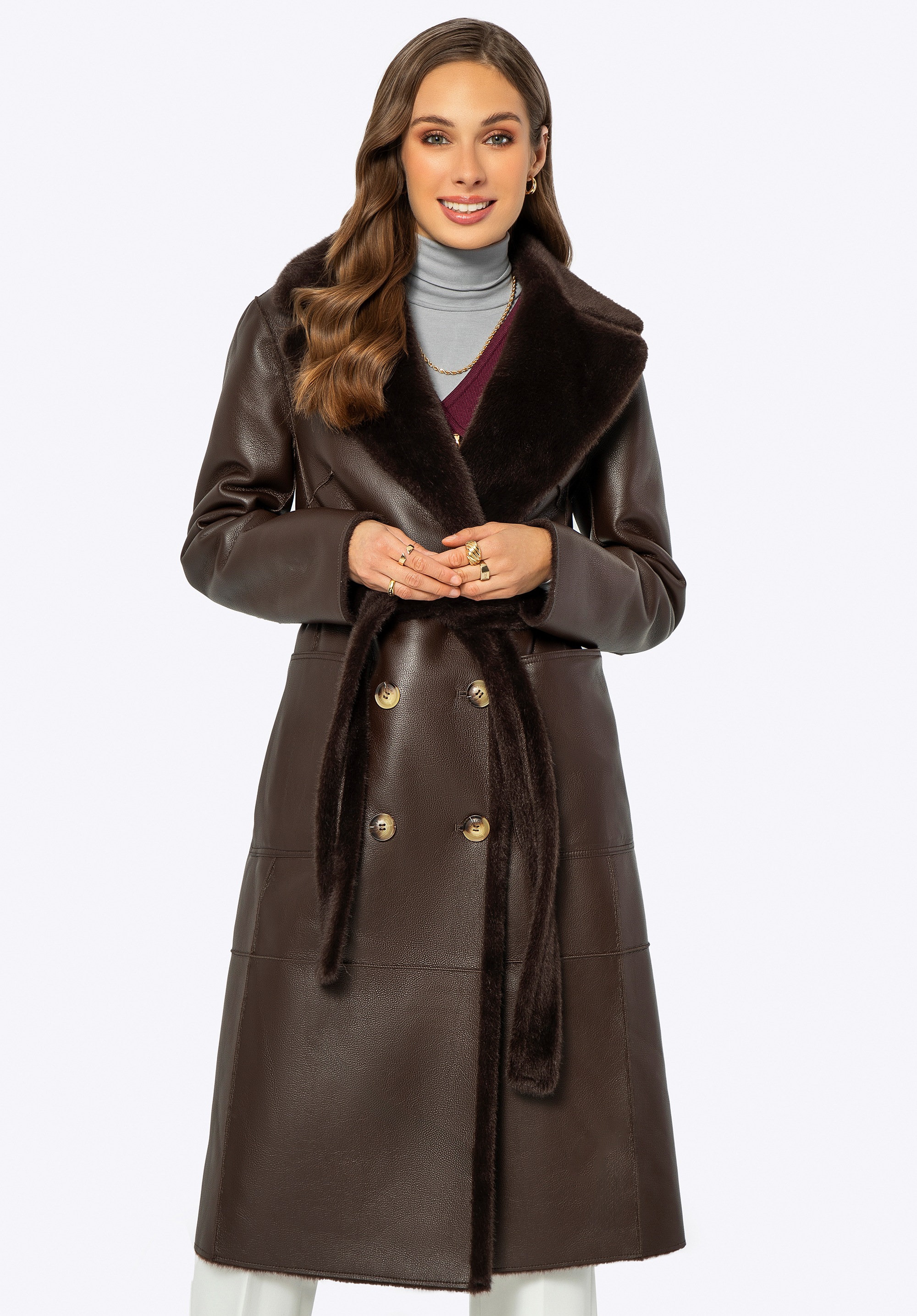 Palton reversibil cu curea de damă, maro închis, 99-9W-000-4-XL, Fotografie 1