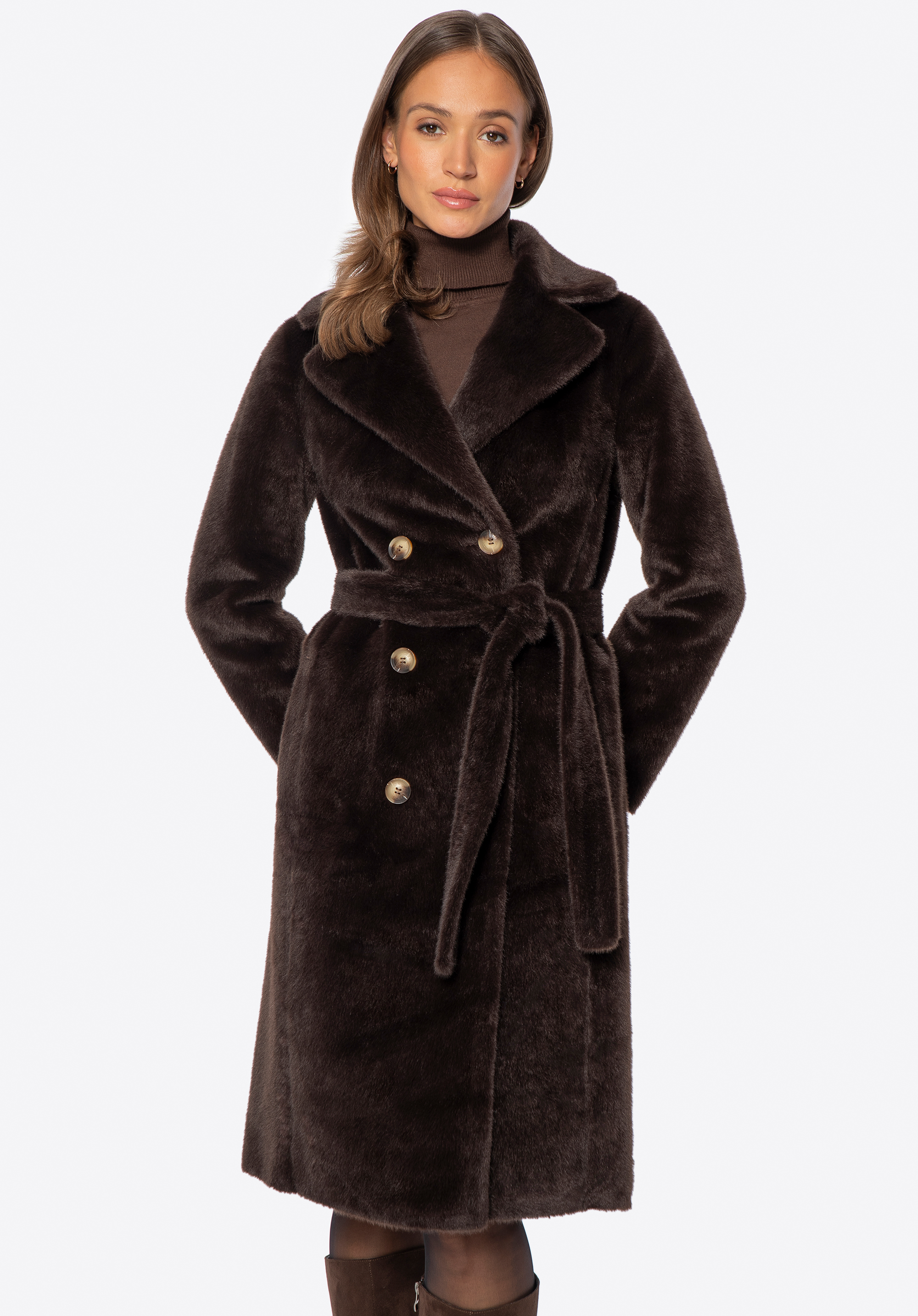 Palton reversibil cu curea pentru femei, maro închis, 101-9W-000-4-S, Fotografie 1
