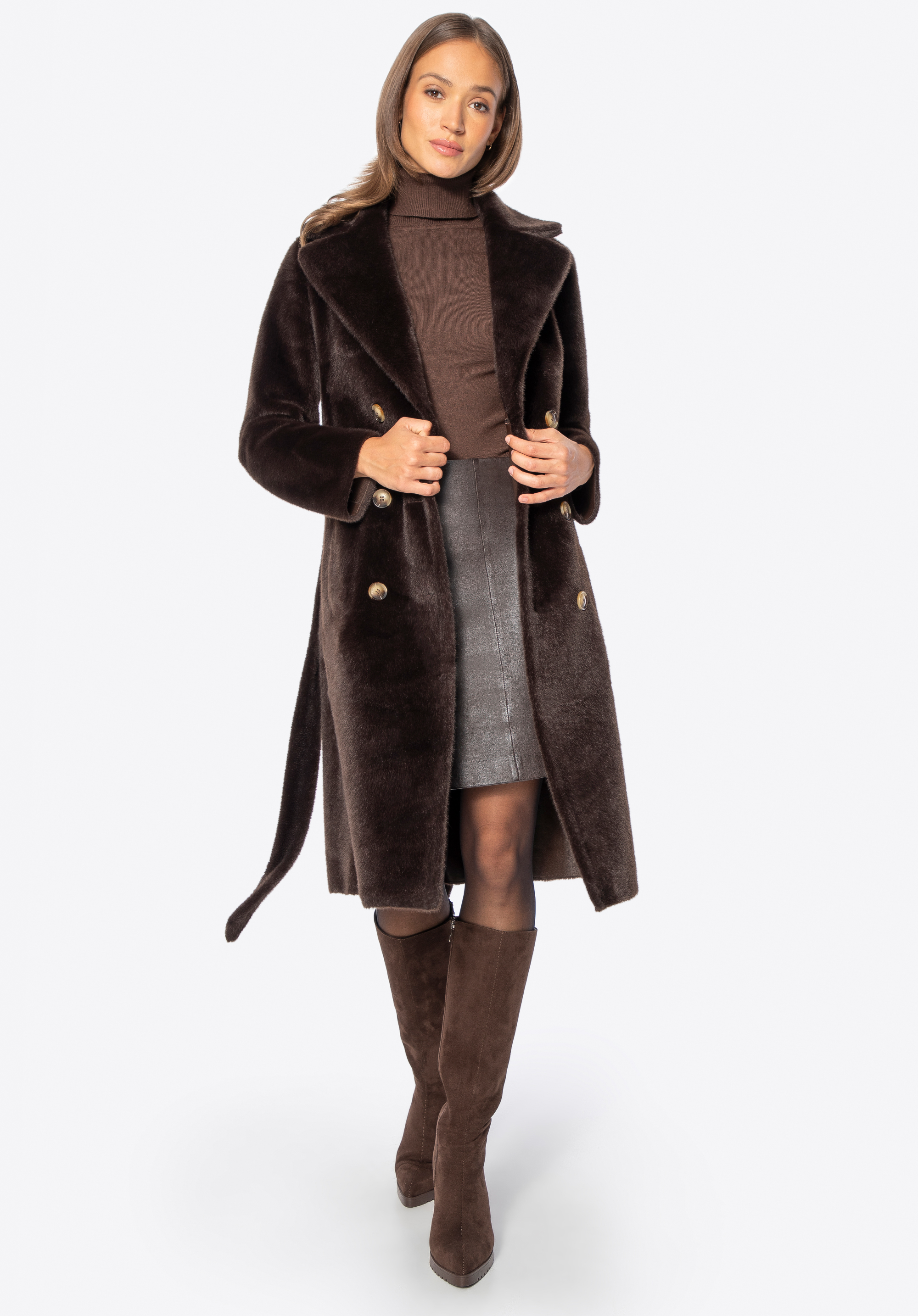 Palton reversibil cu curea pentru femei, maro închis, 101-9W-000-4-S, Fotografie 1