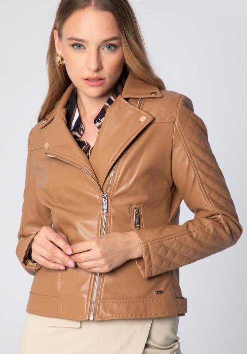 Jachetă biker din piele artificială pentru femei cu inserție matlasată, maro, 97-9P-102-P-M, Fotografie 3