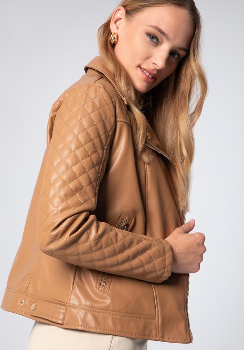 Jachetă biker din piele artificială pentru femei cu inserție matlasată, maro, 97-9P-102-P-XL, Fotografie 4