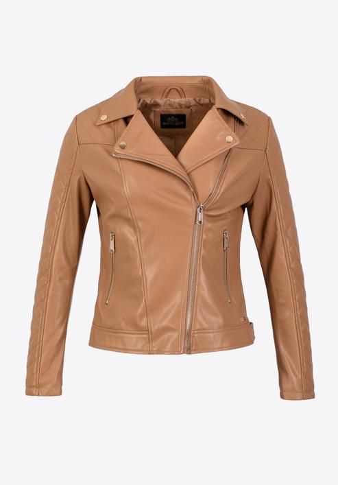 Jachetă biker din piele artificială pentru femei cu inserție matlasată, maro, 97-9P-102-3-XL, Fotografie 5
