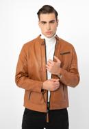 Jachetă din piele pentru bărbați cu cusături verticale și guler înalt, maro, 97-09-253-5-S, Fotografie 1