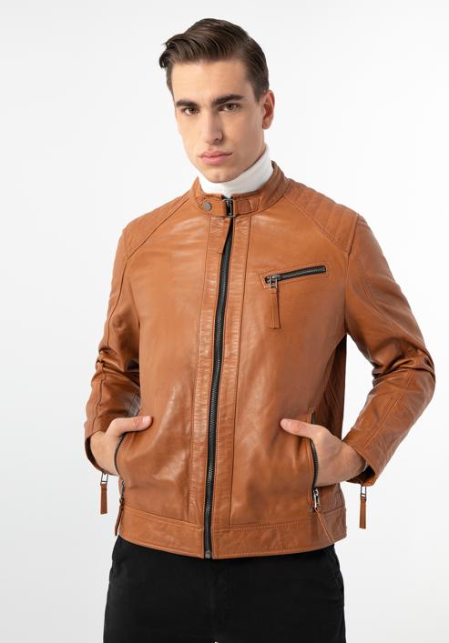 Jachetă din piele pentru bărbați cu cusături verticale și guler înalt, maro, 97-09-253-1-L, Fotografie 4