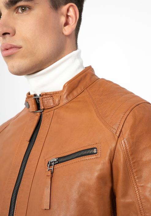 Jachetă din piele pentru bărbați cu cusături verticale și guler înalt, maro, 97-09-253-5-S, Fotografie 7