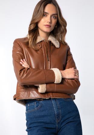Jachetă din piele pentru femei, căptușită cu blană falsă, maro, 97-09-802-5-XL, Fotografie 1