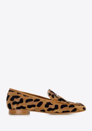 Mocasini de damă din piele de căprioară cu imprimeu leopard și detaliu cu cataramă, maro, 96-D-108-5-35, Fotografie 1