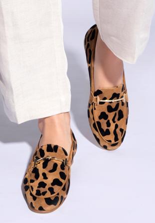 Mocasini de damă din piele de căprioară cu imprimeu leopard și detaliu cu cataramă, maro, 96-D-108-5-35, Fotografie 1