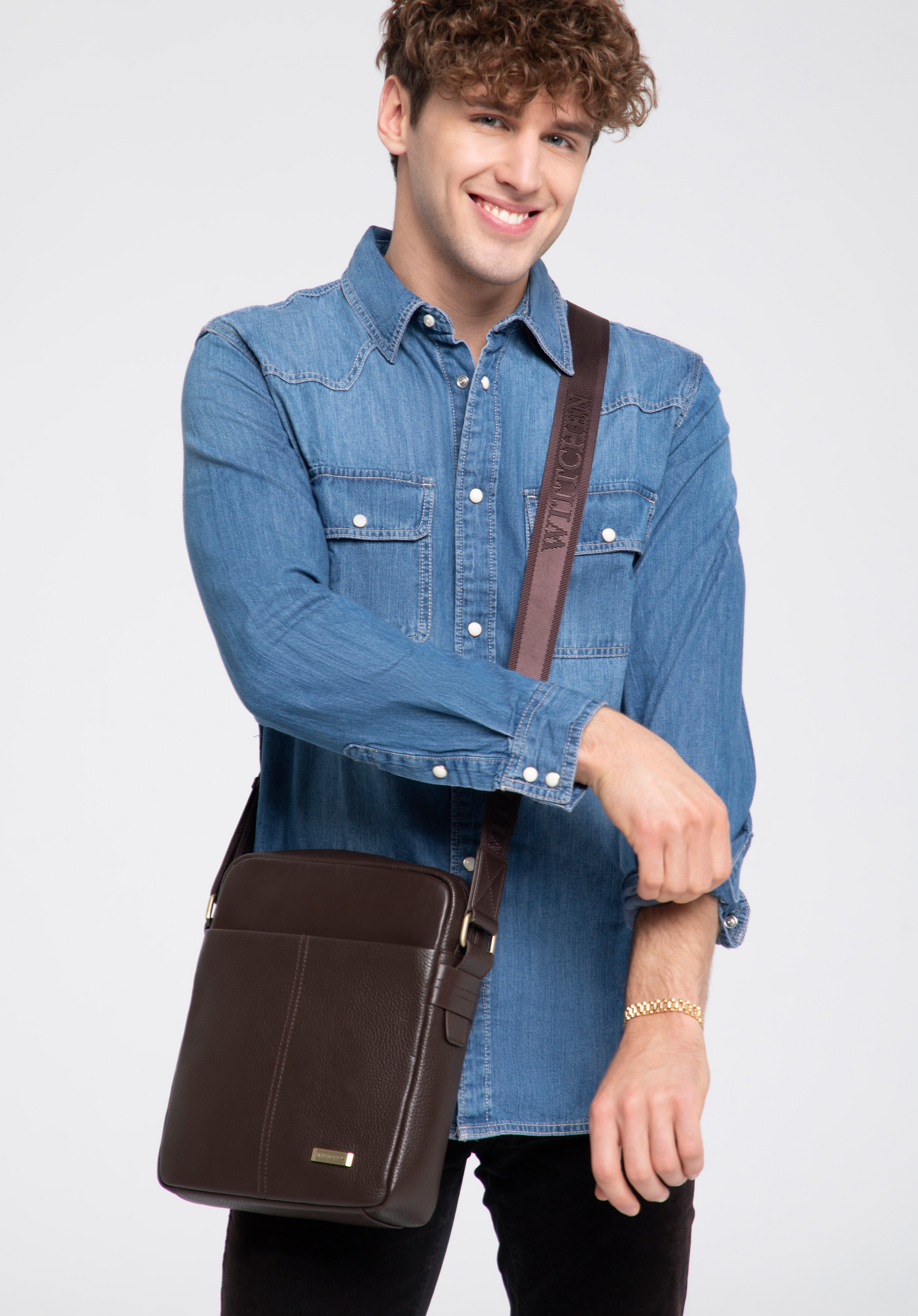 Geanta messenger pentru barbati din piele cu doua texturi, maro închis, 96-4U-803-4, Fotografie 1