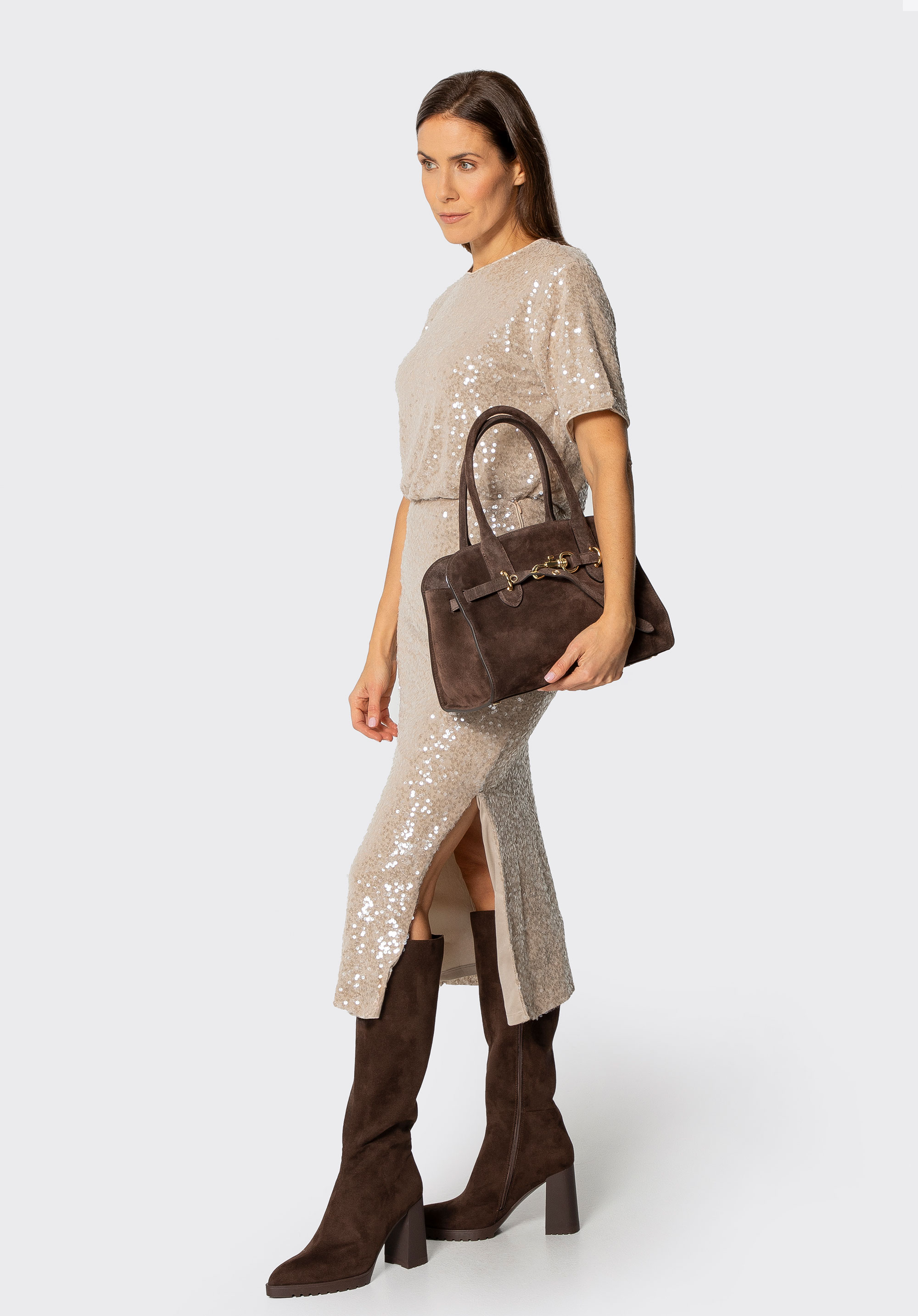 Geantă de damă din piele întoarsă cu încuietoare decorativă, maro închis, 102-4E-001-8, Fotografie 1